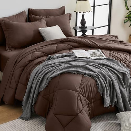 HEVUMYI 7-Piece King Comforter Set, Brown Bed in a Bag