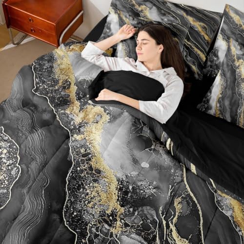Erosebridal Black Marble Comforter Set Twin Size,Gradient Artwork Bedding Set for Kids Teens,Black Golden Tie Dye (Comforter+Fitted+Flat Sheet+2 Pillowcases+2 Throw Pillow Covers) 7 Pieces Bed Set