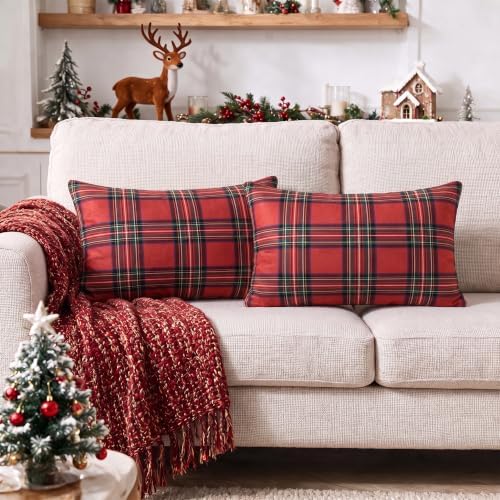 AVOIN colorlife Christmas Red Green Plaid Decorative Throw Pillow Covers, 12 x 20 Inch Holiday Scottish Tartan Cushion Case Farmhouse Decoration for Sofa Couch Set of 2