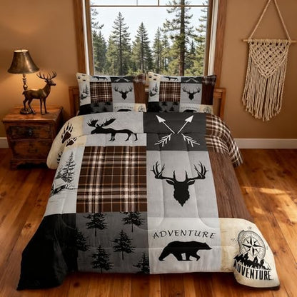 Deer Antler Comforter Set Full Size,Bear Paw Pine Trees Rustic Farmhouse Bedding Set for Boys Girls Adults Room Decor,Geometric Plaids Arrows Down Comforter,Brown Retro Duvet Insert,2 Pillowcases