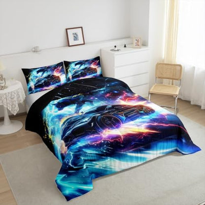 Modern Race Car Queen Comforter Set Lightning Wolf Animal Bedding for Kids Boys Teen Room Decor Watercolor 3D Cool Racing Car Quilt Bed Set With 2 Pillowcases Rainbow Extreme Sports Devut Insert