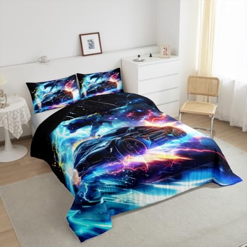 Modern Race Car Toddler Comforter Set Lightning Wolf Animal Bedding for Kids Boys Teen Room Decor Watercolor 3D Cool Racing Car Quilt Bed Set With 1 Pillowcase Rainbow Extreme Sports Devut Insert