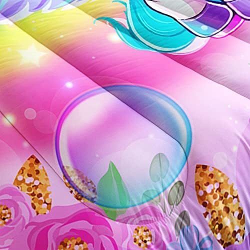 Kid Unicorn Comforter Set Twin Size 3Pcs Butterfly Rainbow Flower Star Pattern Quilt Bedding Set for Boys Girls with 1 Comforter and 2 Pillowcases