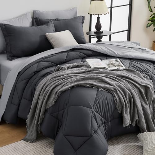 HEVUMYI 7-Piece California King Comforter Set, Dark & Light Grey Bed in a Bag