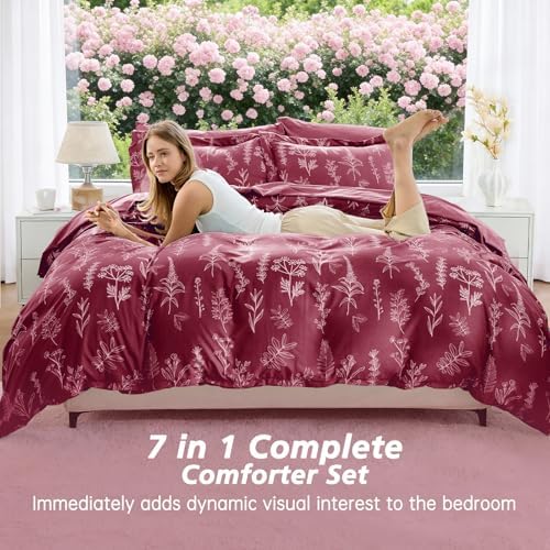 MUXHOMO Burgundy Full Comforter Set, Elegant Floral Print Bed in a Bag 7 Pieces, Ultra Soft & Breathable Reversible Botanical Pattern Bedding Set with Comforter, Sheets, Pillowcases, and Shams