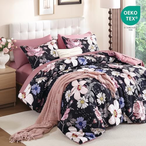 Luxudecor King Comforter Set 7 Pieces Bedding Sets,Black Pink Floral Comforter and Sheet Set,Soft Microfiber Bed in a Bag for All Seasons (Black Pink,104"x90")