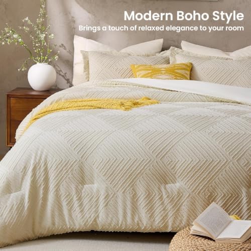 JOLLYVOGUE Queen Comforter Set, Boho Tufted 3-Piece Bedding Set, Beige