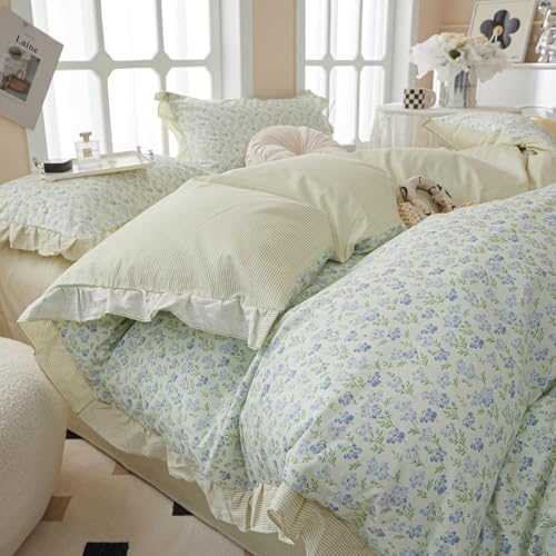 LifeTB Green Floral Comforter Set Twin XL Romantic Ruffled Comforter Blue Flower Bedding Comforter Set Soft Microfiber Floral Bedding Set Lightweight Fluffy Vintage Botanical Comforter for All-Season