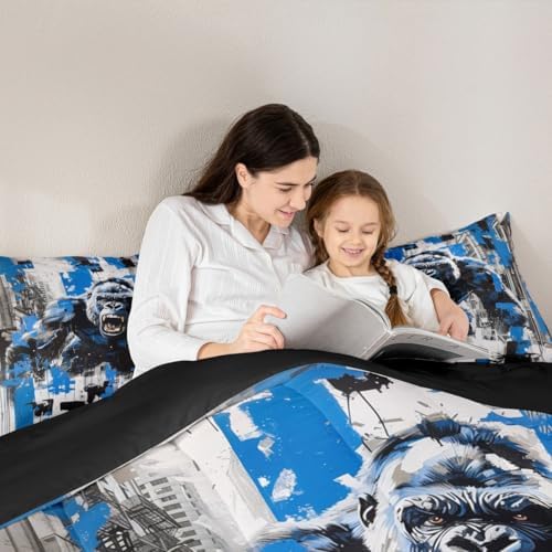 Ape Kids Comforter Set King Size,Old World Monkey Vintage Jungle Creature Bedding Set,Girls Boys Room Decor,Graffiti Geometric Abstract Artwork Quilt Comforter,Modern Duvet Insert,2 Pillowcases