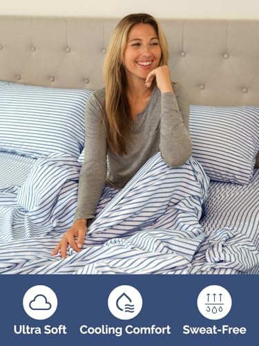 CGK Linens Extra Deep Twin Fitted Sheet - Fitted Sheet Only - Blue Stripes