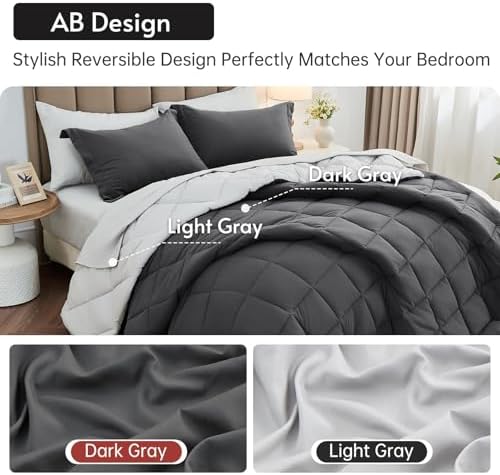 MUXHOMO 7 Pieces King Comforter Set, Reversible Bed in a Bag King Size, All Season Bedding Set with Comforter, Flat Sheet, Fitted Sheet, Pillowcases & Shams, Dark Grey & Light Grey