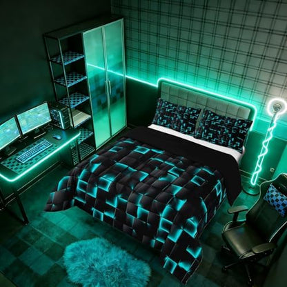 Erosebridal Neon Black Teal Boys Comforter Set King Geometric Checkered Turquoise Bedding Set for Kids Teen Men Gaming Room Decor,Abstract Ombre Plaid Comforter Grids Quilt Duvet
