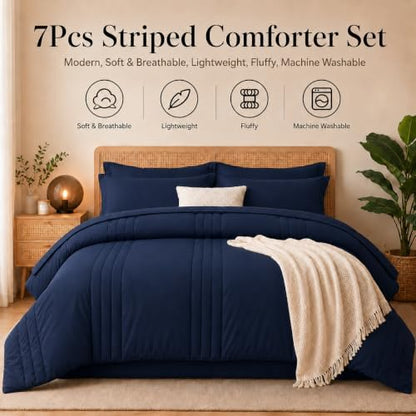Twin Comforter Set with Sheet Navy Blue, 5 Pieces Bed in a Bag