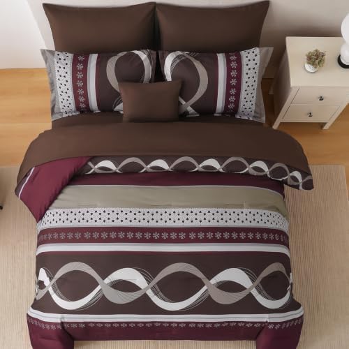 Red Brown Comforter Set Queen Size,8 Pieces Patchwork Striped Bed in a Bag