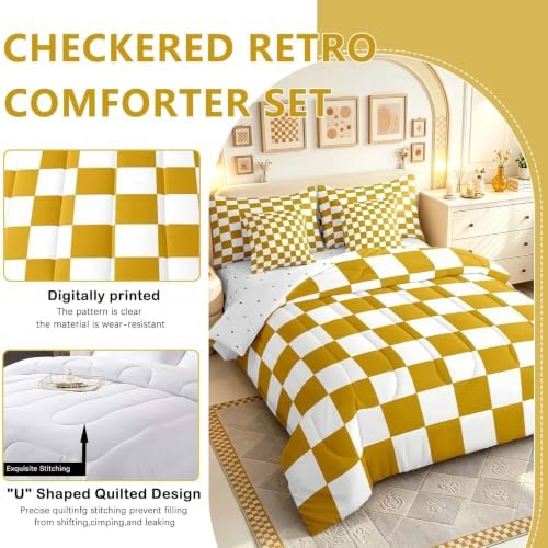Feelyou Checkered 7 Piece Bedding Set Teen Yellow White Plaid Decoration Comforter Set with Sheets King Size Kids Boys Cute Retro Neutral Grid Geometric Bed in a Bag Vintage Aesthetic Room Decor
