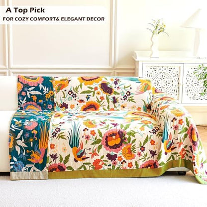 VANJOROY Boho Throw Blanket, 100% Organic Cotton Breathable Ultra Soft 91" x 108" King Bed Quilt Throw - All Season Floral Rustic Farmhouse Decor Luxury Blanket for Sofa Couch Chair and Gift