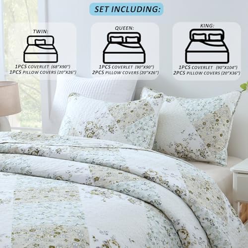 HIARUO Quilt Set Twin Size 2 Pieces Floral Patchwork Comforter Bedspread Boho Plaid Coverlet Reversible Lightweight Farmhouse Bedding with 1 Pillow Cover Sham for All Season, Green Purple