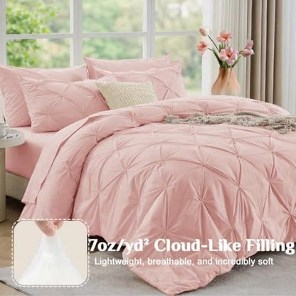 JOLLYVOGUE California King Comforter Set 7 Pieces - Bed in a Bag Cal King for All Season, Pintuck Bedding Comforter Sets with Comforter, Flat Sheet, Fitted Sheet and Pillowcases & Shams, Rose Gold
