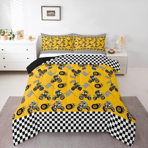 Feelyou Dirt Bike Kids Comforter Set Full Size Racing Motocross Rider Bedding Set Extreme Sports Duvet Quilt for Kids Boys Girls Bedroom Motorbike Decor Motorcycle Microfiber Ultra Soft Breathable