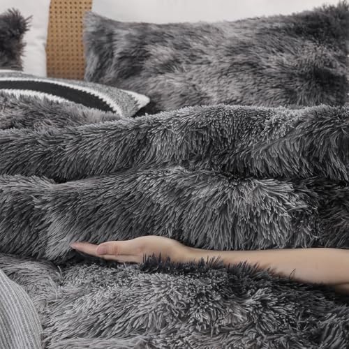 Smoofy Fluffy Full Size Comforter Set Tie-dye Grey Faux Fur Comforter 3Pcs