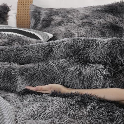 Smoofy Fluffy King Size Comforter Set Tie-dye Grey Faux Fur Comforter 3 Pcs