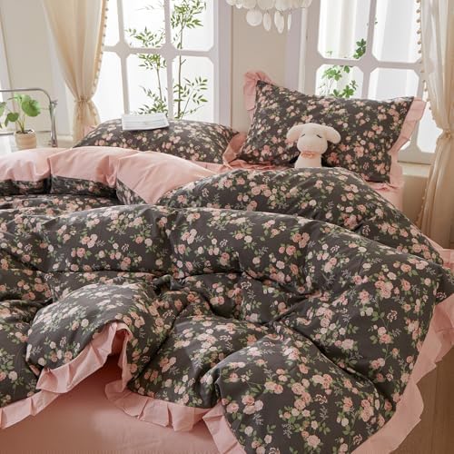 mixinni Vintage Floral Duvet Cover Set Twin XL Size – 100% Cotton Ruffle Lace Bedding, Pink Rose Flower and Green Leaf Print, Reversible Stripes Pattern, Grandmillennial Cottagecore Aesthetic 3Pcs