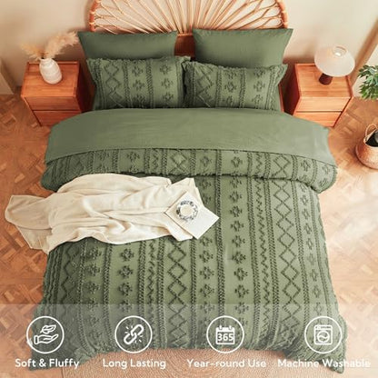 MR&HM Queen Comforter Set 7 Pieces, Tufted Boho Beddding Set Olive Green