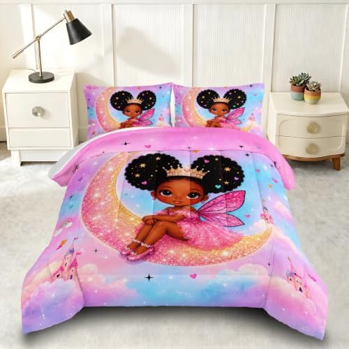 Black Girl Fairy Comforter Set Twin Size with 2 Pillowcases.