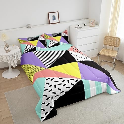Manfei Memphis Comforter Set Full Size, Geometric Triangle Pattern Quilt Set with 2 Pillowcases, Retro 80s 90s Fashion Style Bedding Set 3pcs for Kids Boys Girls Lightweight Duvet Insert