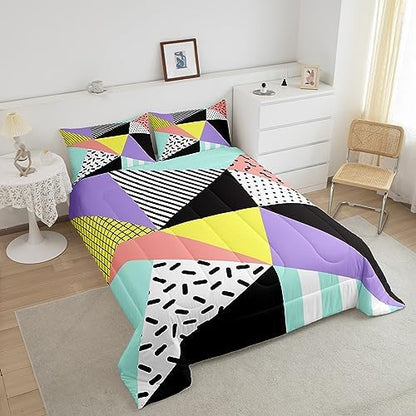 Manfei Memphis Comforter Set Full Size, Geometric Triangle Pattern Quilt Set with 2 Pillowcases, Retro 80s 90s Fashion Style Bedding Set 3pcs for Kids Boys Girls Lightweight Duvet Insert
