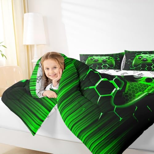 Manfei Modern Gamer Comforter Set Twin Size, Green Honeycomb Gamepad Down Comforter with 1 Pillowcase, Vodeo Games Bedding Set 2pcs for Kids Boys Girls Bedroom Decor Teens Gaming Duvet Insert