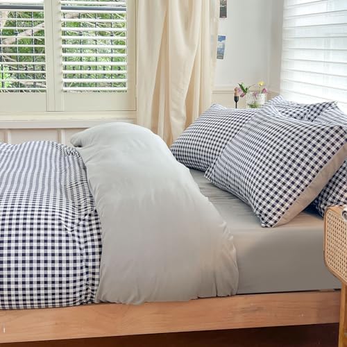 NSNLGSGC Navy Gingham Duvet Cover Set, Queen, Dark Blue Grid