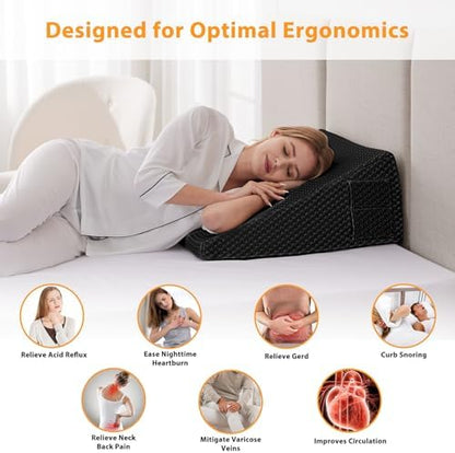 Ruqmuis Wedge Pillow for Acid Reflux, Bed Wedge Pillow for Headboard 10", Pillow Wedge for Back Pain Relief, Post Surgery, Elevated Pillows for Sleeping, Snoring, Triangle Pillow with Cover, Black