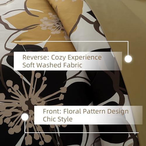 Anibedding 7 Pieces Floral Comforter Set Queen Size, Brown Black Flower Bedding Set Botanical Bed in a Bag Soft Microfiber Comforter Set with Sheets for All Season