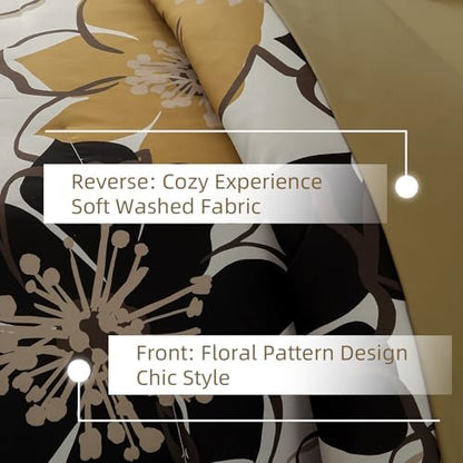 Anibedding 7 Pieces Floral Comforter Set King Size, Brown Black Flower Bedding Set Botanical Bed in a Bag Soft Microfiber Comforter Set with Sheets for All Season