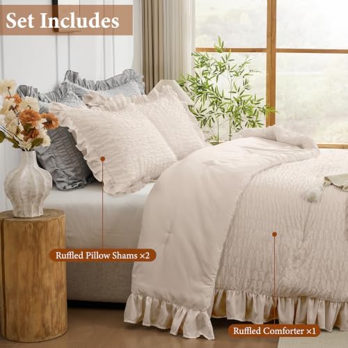 JOLLYVOGUE Beige Queen Comforter Set, 3 Pieces Seersucker Comforters Queen Size, Lightweight & Fluffy Bedding Sets Queen for All Season with 1 Ruffle Comforter and 2 Ruffle Pillowshams