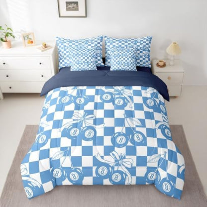 Erosebridal Blue Cheery Bow Full Bedding Set 7 Piece for Boys Girls Y2K Trendy Lucky 8 Ball Comforter Set for Kids Teen Adults,Preppy Fashion Checkered Geometric Bed in A Bag Funky Y2K Bed Set