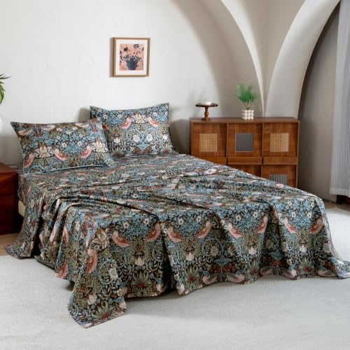 FADFAY Cal King 100% Egyptian Cotton Sheets Set 4 Piece, Luxury Soft Breathable Cooling Bed Sheets, Deep Pocket Hotel Quality Bedding for Hot Sleepers, Botanical Floral Bird Print All Season Comfort