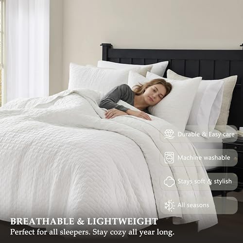 palassio White 100% Cotton Quilt Twin Size Bedding Sets with 1 Pillow Sham, Textured Lightweight Soft Bedspread Shabby Chic Coverlet, Quilted Thin Comforter Bed Cover for All Season, 2 Pieces
