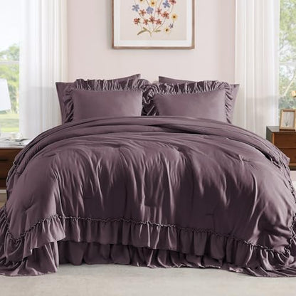 Oversized Queen Comforter Set Dark Purple Ruffle 7 Pieces Bed in a Bag