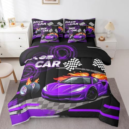 Feelyou Purple Race car Comforter Set Full Size 7 Pcs Bedding Set Kids