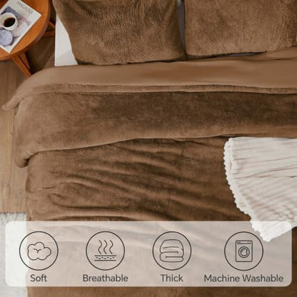 BEDELITE Faux Fur King Comforter Set Brown,Warm Bedding with 2 Pilowcases