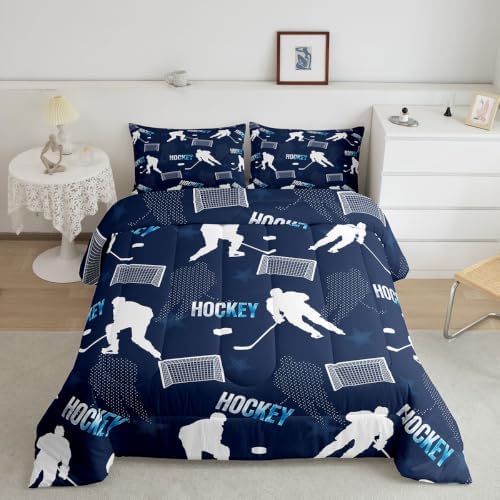 Castle Fairy Hockey Down Comforter Queen Size,White Silhouette Goal Bed in a Bag 3Pcs for Kids Teens Woman Men Room Decor,Navy Blue Quilted Duvet Sports Theme Bedspread,2 Pillowcases