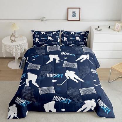 Castle Fairy Hockey Bedding Sets Full Size,White Silhouette Goal Comforter Set 3Pcs for Kids Girls Boys Youth Room Decor,Navy Blue Quilted Duvet Sports Theme Down Comforter,2 Pillowcases