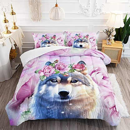 Wolf Comforter Set Tie Dye Wolf Bedding Set for Kids Teens Room Decor Romantic Pink Rose Wild Animals Comforter with 2 Pillowcases