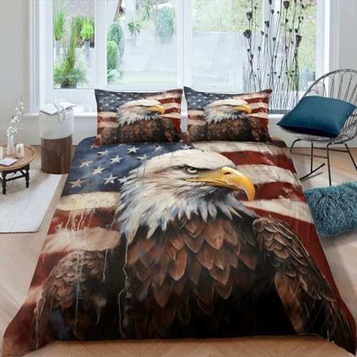 CCoutueChen American Flag Comforter Bedding Set Full Size Retro Eagle Decorative Comforter Set Wildlife Animal Bird Down Comforter 3Piece Soft Lightweight Quilt Set with 2 Pillowcases