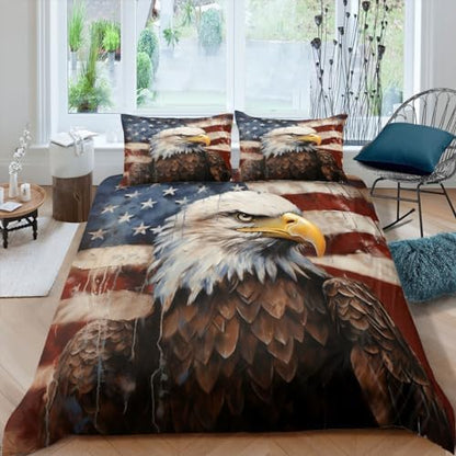 CCoutueChen American Flag Comforter Bedding Set Full Size Retro Eagle Decorative Comforter Set Wildlife Animal Bird Down Comforter 3Piece Soft Lightweight Quilt Set with 2 Pillowcases