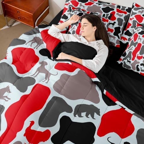 Erosebridal Deer Hound 7 Piece Bedding Set Twin Camo Comforter Set with Sheets Turkey Bear Retro Wolf Pattern Bed in a Bag Red Woods Army Camouflage for Kids Boys Girls