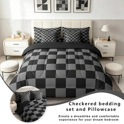 Checkered Retro Comforter Set Twin Size 7 Pieces Black Grey Plaid Bedding Set for Kids Boys Girls Geometric Vintage Bed in a Bag Modern Simple Groovy Aesthetic Bedroom Decor Quilted Lightweight