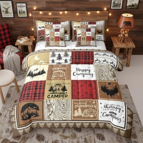 Erosebridal 7 Piece Happy Camping Comforter Set King for Kids Adults,Rv Camper Bedding Set for Travel Trailers Accessories,Rustic Cabin Bed Set with Sheets,Buffalo Plaid Patchwork Bed in a Bag